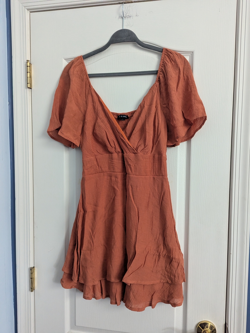 As U Wish Rust Orange V-Neck Mini Dress with Flutter Sleeves